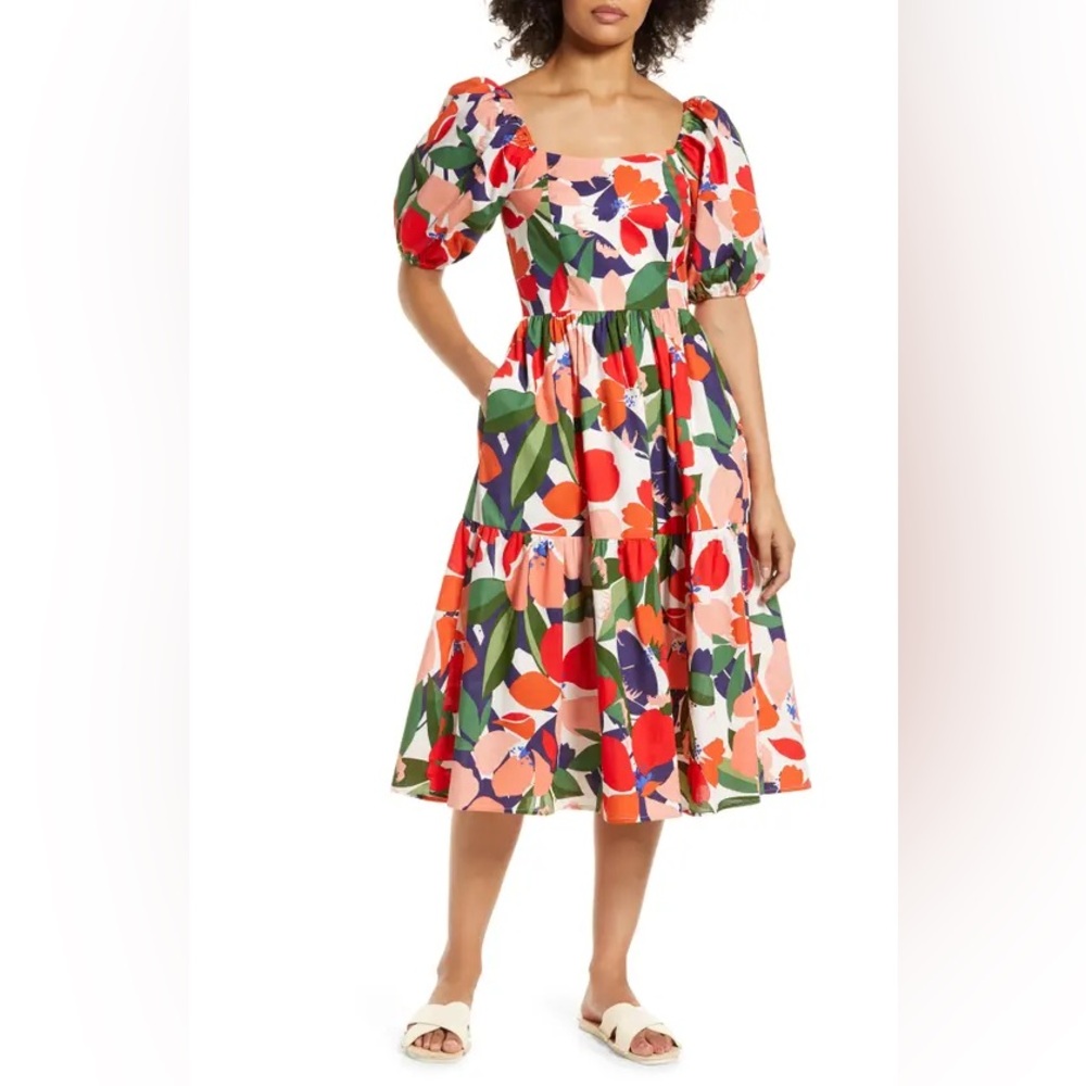 Vince Camuto Floral Stretch Cotton Midi Dress in Tangerine – Size 8